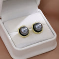 Grey Pearl Stud Earrings Gold Organic Square Frame view 1