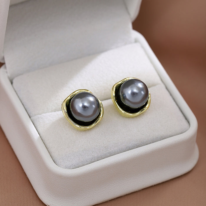 Grey Pearl Stud Earrings Gold Organic Square Frame