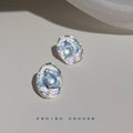 Silver Tone Blue Pink Galaxy Pattern And Pearl Stud Earrings view 4