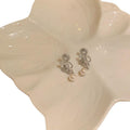 Silver Tone Floral Stud Earrings With Gray Petals And Pearl Drops view 5