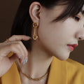 Asymmetric Dual Ring Chain Drop Earrings Gold Or Steel Tone view 3