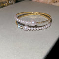 Double Row Pearl and Rhinestone Open Cuff Bangle Bracelet view 7