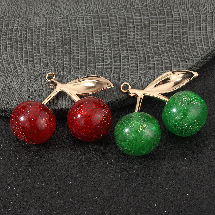 Glitter Resin Cherry Charm Pendant Gold-Tone Leaf Two Colors
