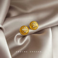 Gold Brushed Round Clover Center CZ Disc Stud Earrings view 3