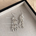 Silver Tone Layered Long Leaf Cluster Hook Earrings view 3