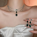 Silver Tone Green Triple Stone Drop Earrings With Clear Halos view 2