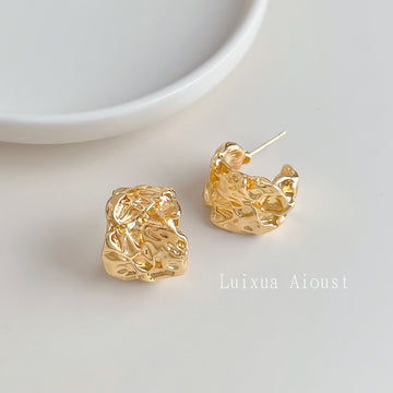 Gold Tone Wide Openwork Textured Sculpted Stud Earrings For Women