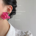 Sheer Mesh Organza Rose Flower Stud Earrings Green Leaf view 2