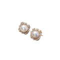 Gold Tone Pearl Stud Earrings with Clear Crystal Halos view 5