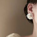 White Flower and Pearl Cluster Statement Stud Earrings view 3