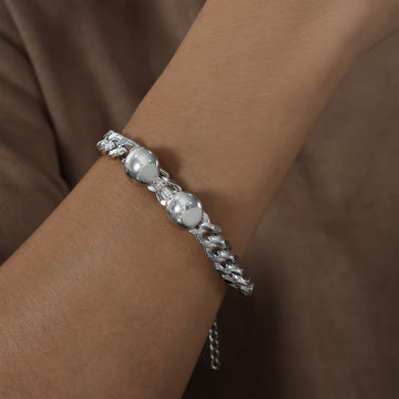 Silver Cuban Link Bracelet Dual Smooth Disc Center Clasp