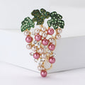 Pink Pearl Grape Cluster Brooch Green Leaf Rhinestone Pin view 1