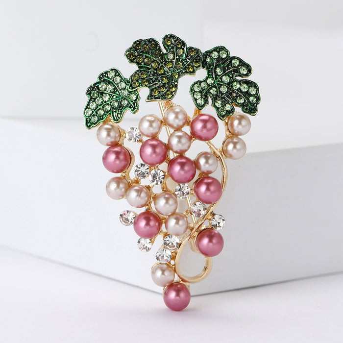 Pink Pearl Grape Cluster Brooch Green Leaf Rhinestone Pin