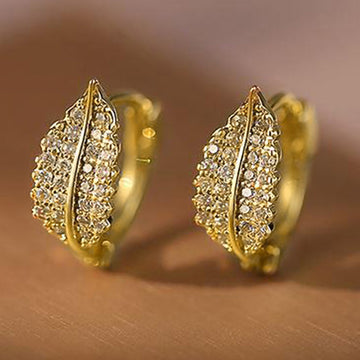 Gold Tone Leaf Pave Clear CZ Huggie Hoop Earrings Pair