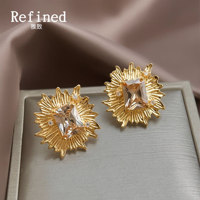 Gold Tone Champagne Rectangular Stone Sunburst Stud Earrings