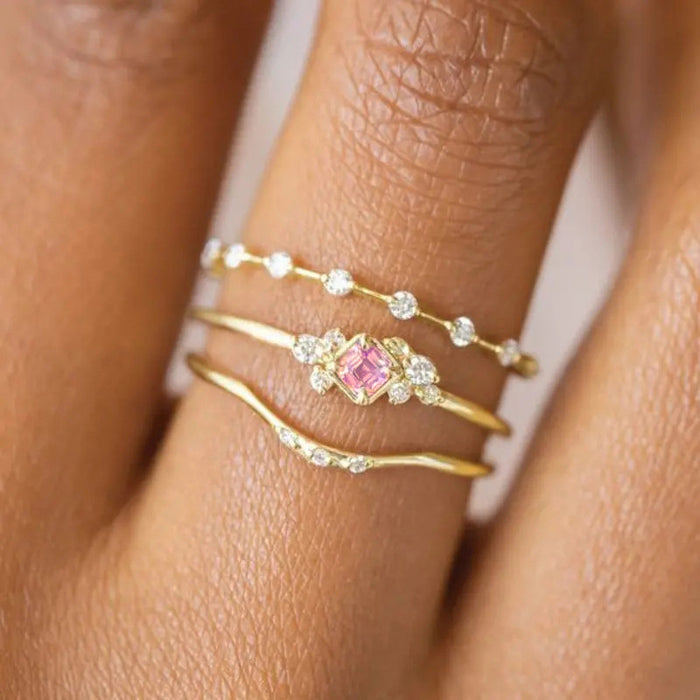 Three-Piece Pink Floral Ring Set in Two Finishes with Clear Stone Details