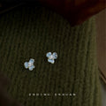 Silver Tone Mini Pale Blue Three Petal Iris Flower Stud Earrings view 1