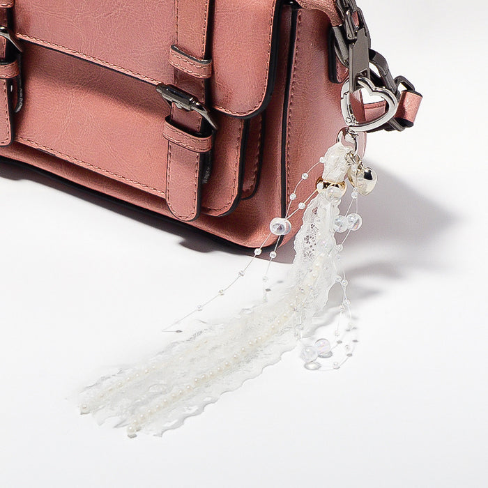Heart Clasp White Lace Ribbon Bag Charm Keychain with Pearls
