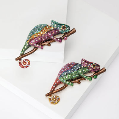 Large Crystal Chameleon brooch front view on a white background