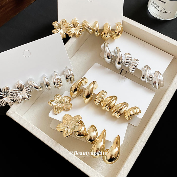 Mixed Floral and Hoop Stud Earring Set in Two Metal Tones