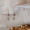 Gold Tone Purple Teardrop Stone And Mauve Pearl Hook Earrings view 3