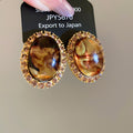 Amber Brown Oval Resin Stud Earrings with Crystal Borders view 6