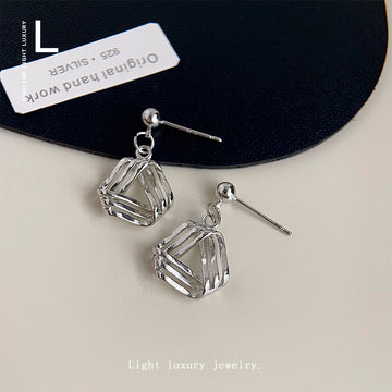 Silver Openwork Geometric Triangle Drop Stud Earrings
