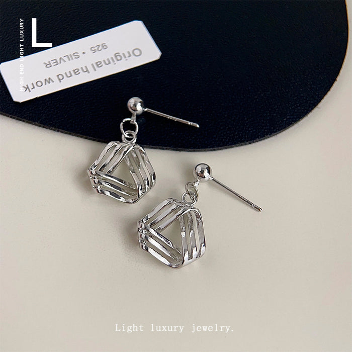 Silver Openwork Geometric Triangle Drop Stud Earrings