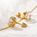 Gold Tone Petal Cage Round Clear CZ Stud Earrings Pair view 2