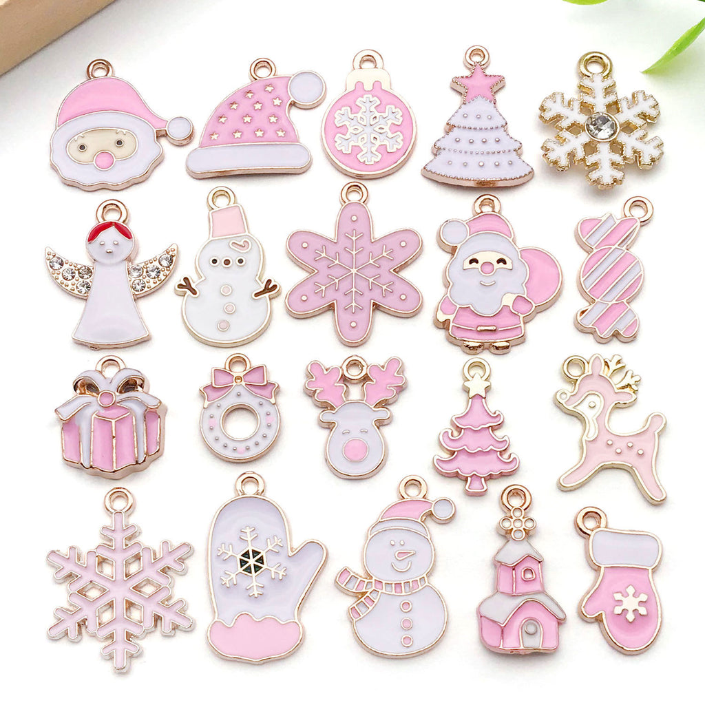 Pink White Enamel Zinc Alloy Santa Snowflake Gift Box Snowman Charm Pendant for Bracelets