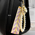 Embroidered Leaf Ribbon Wristlet Keychain With Pearl Bead Strap And Charm view 3