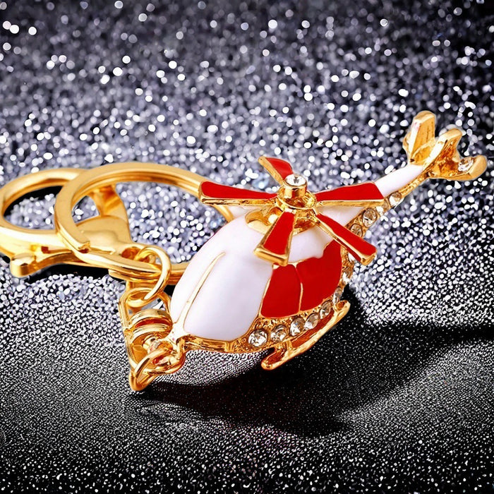 Jeweled Helicopter Keychains in Black and Red with Gold Tone Rings