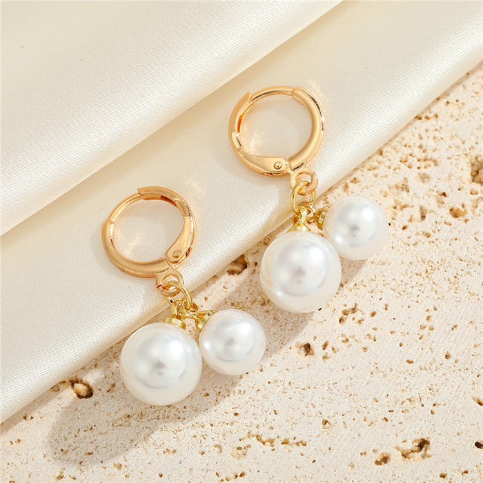 Gold Tone Double Faux Pearl Huggie Drop Earrings in Graduated Sizes
