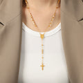 Gold Tone Beaded Rosary Style Cross Pendant Lariat Necklace view 6