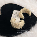 Cream Yarn Knit Wide C Hoop Stud Earrings Pair Style view 4