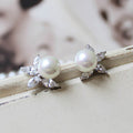 Silver Pearl Flower Stud Earrings Marquise CZ Leaves view 2