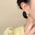Gold Camellia Pearl Drop Pavé Flower Stud Earrings view 2