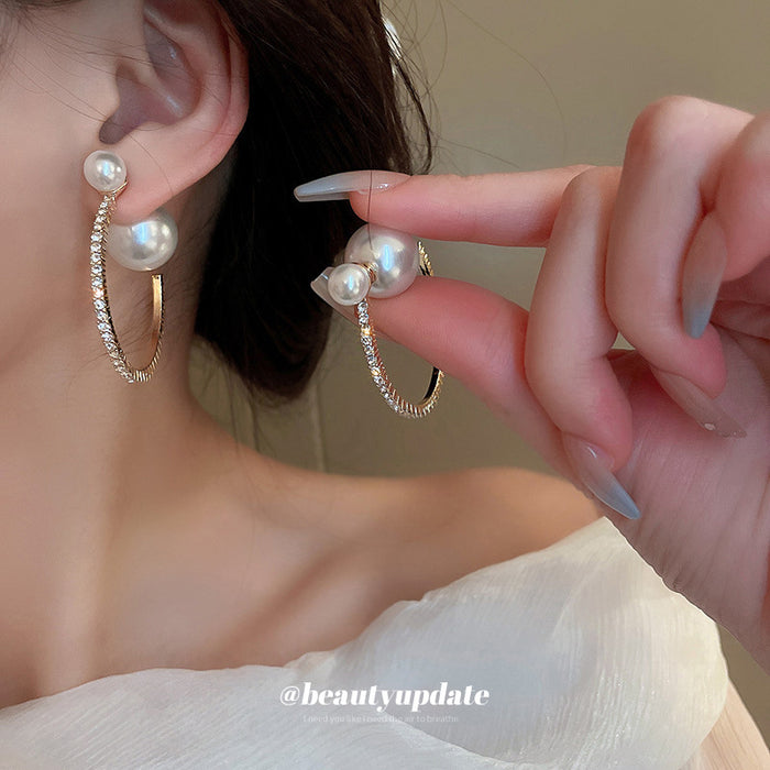 Gold Tone Double Hoop Earrings With Pearl Studs With Polished Metal Tone Details
