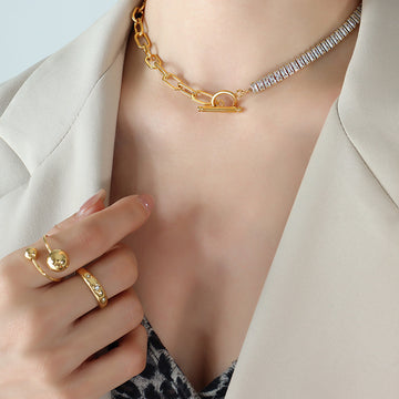 Gold Steel Paperclip Zircon Toggle Necklace Bracelet Styles