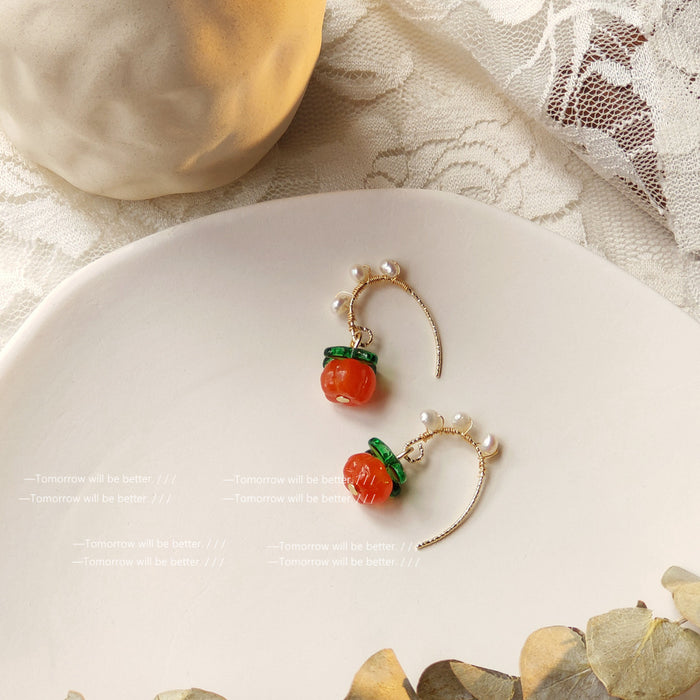 Gold Tone Persimmon Drop Earrings Pearl Curved Hooks