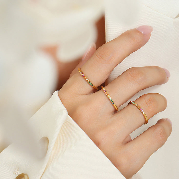 Gold Thin Band Ring Multicolor Zircon Stackable Style