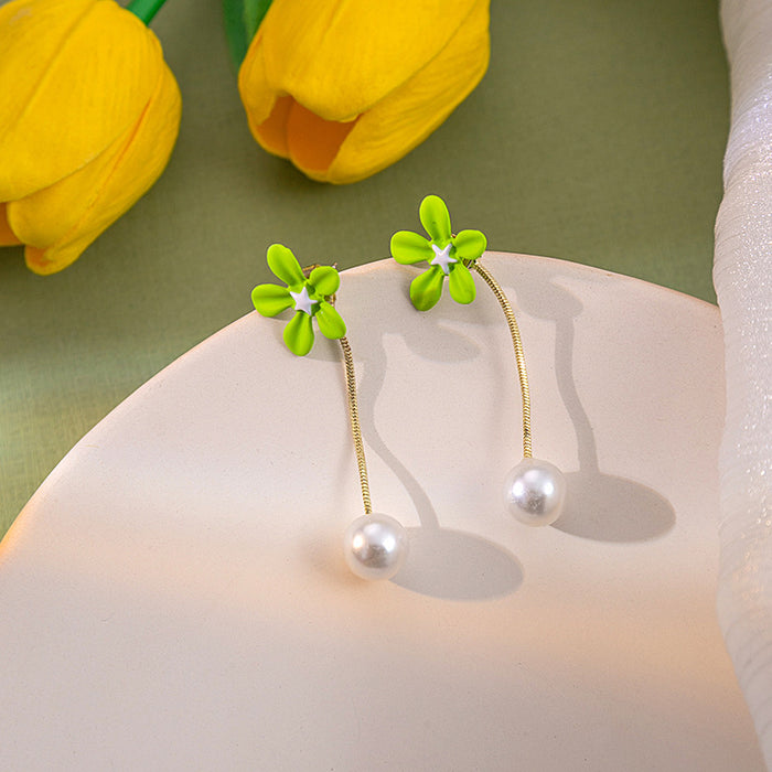Lime Green Flower Stud Earrings Gold Chain Pearl Drops
