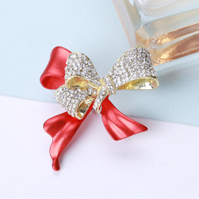 Red Ribbon Bow Brooch Gold Rhinestone Overlay Metal Pin