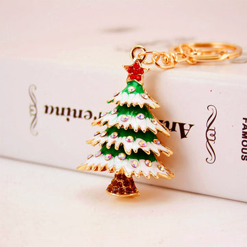 Christmas Tree Keychain With Green And White Details And Rhinestones
