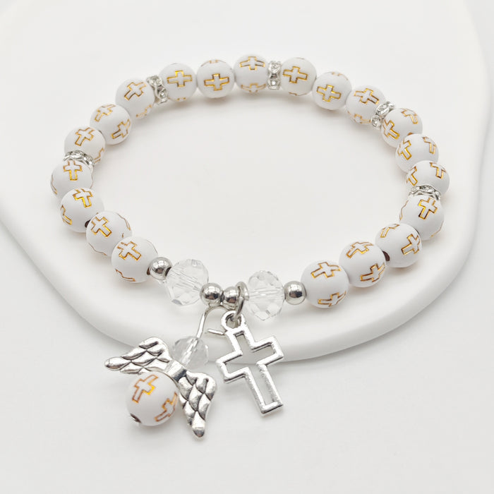 White Cross Bead Stretch Bracelet Angel Cross Charms