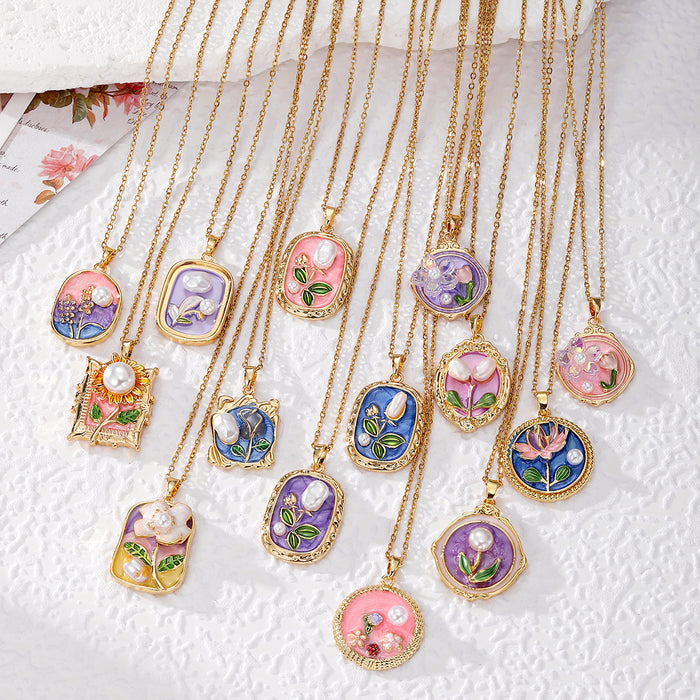 Enamel Pearl Flower Pendant Necklaces Gold Cable Chain 14 Styles