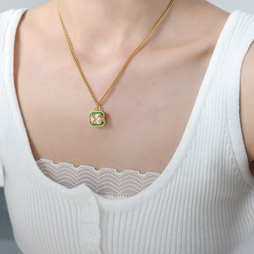 Green enamel square crystal pendant necklace worn on model