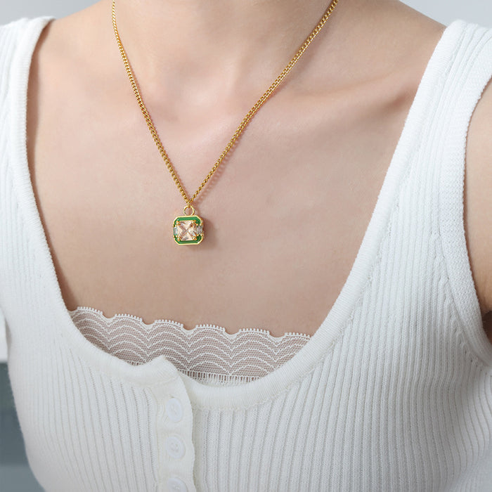 Gold Square Crystal Pendant Necklaces Hoops Green Blue Enamel