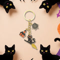 Black Cat Broom Haunted House Spider Web Gold Keychain view 4