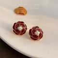 Burgundy Enamel Rose Stud Earrings Pearl Center Gold Rim view 3